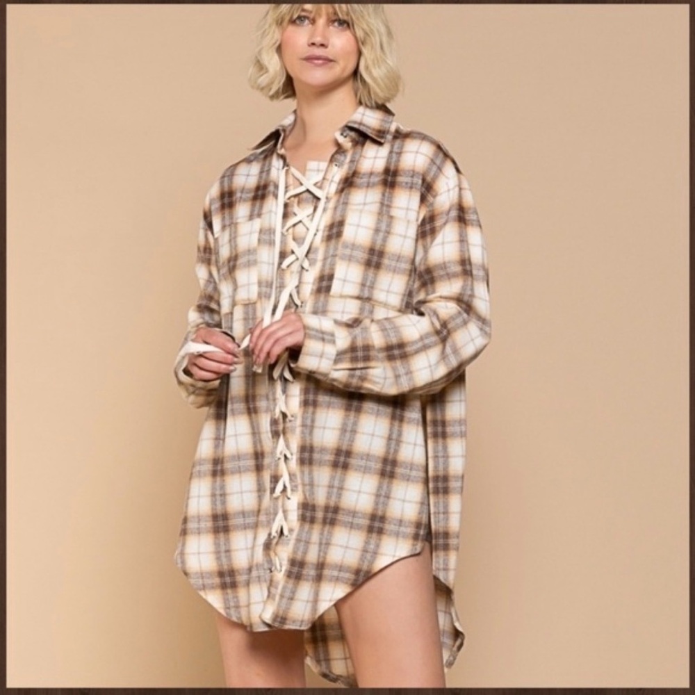 973. POL Plaid Lace-Up Shirt Tunic, western boho festival - Picture 2 of 9